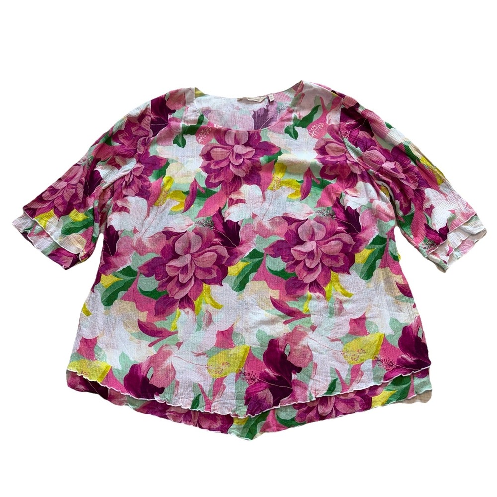 Soft Surroundings Blouse Womens 1X Floral Tropical Beach Resort 100% Cotton Top